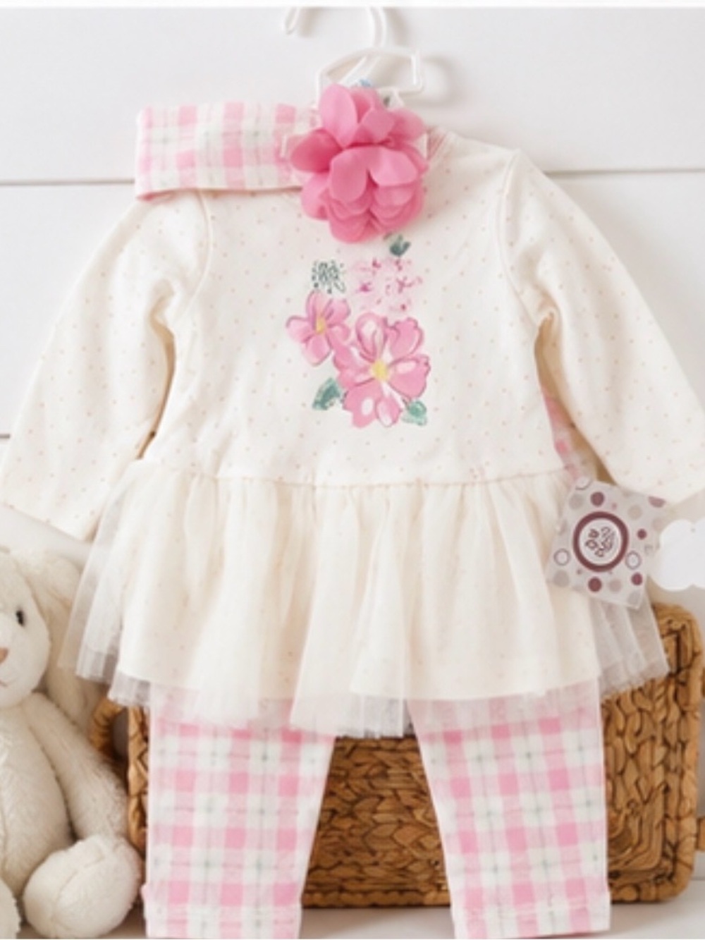 NWT Little Me 6M Baby Girl Wildflower Garden 3-Pc Pink Floral Gingham Outfit
